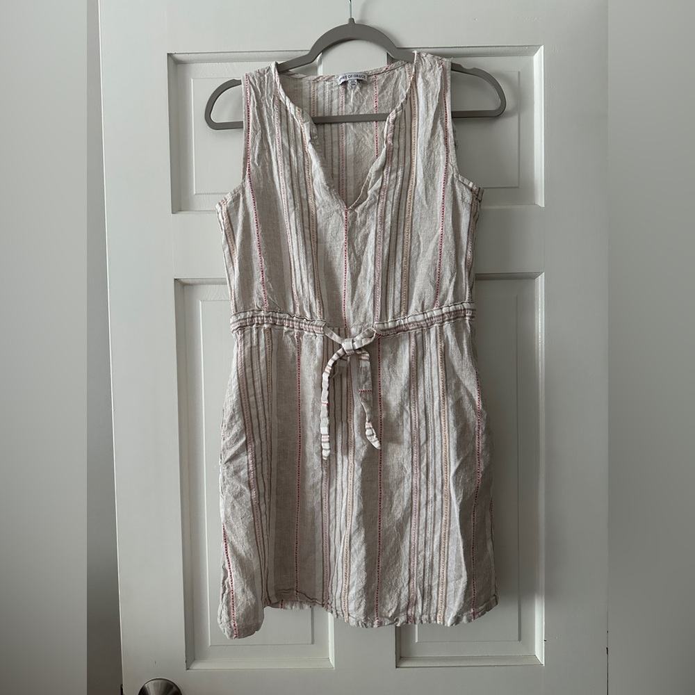 Spirit of Grace Linen Striped Sleeveless V-Neck Tie Waist Mini Dress